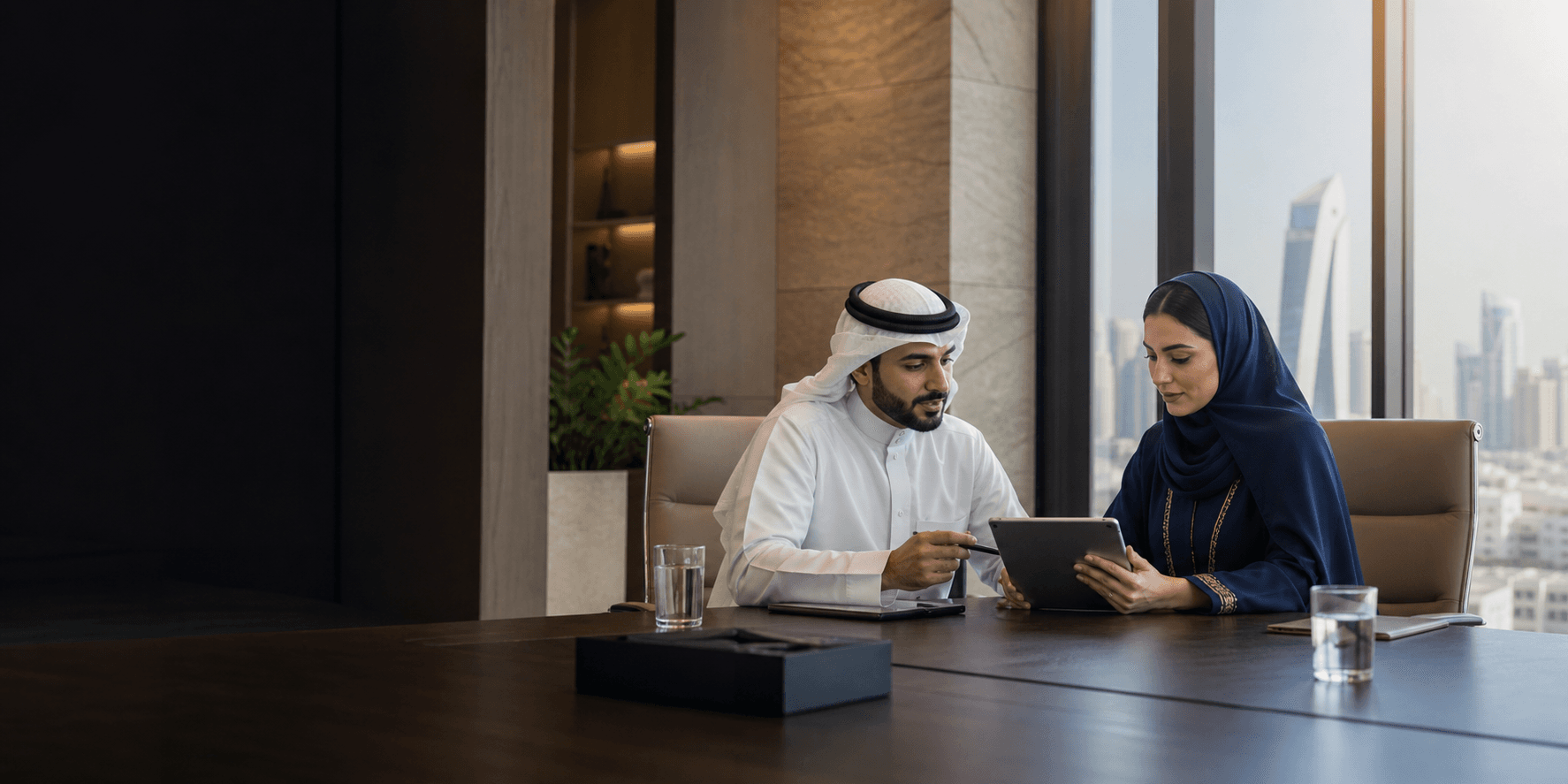 Saudi executives collaborating in a modern Riyadh workplace